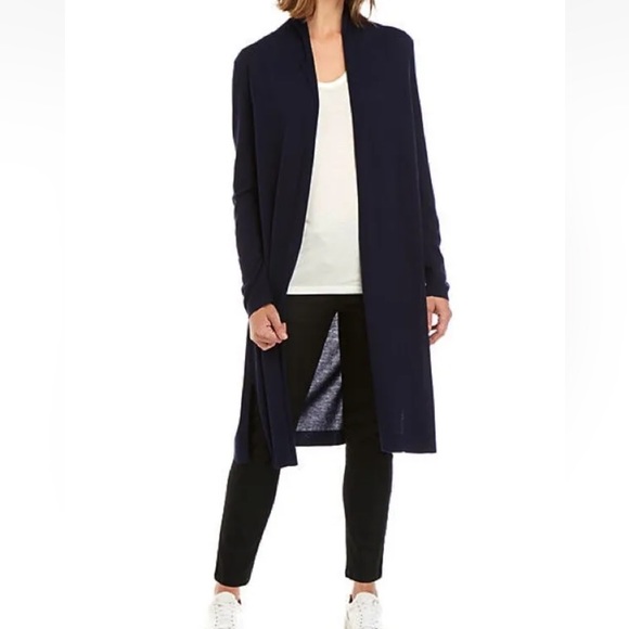 278.00 NWT EILEEN FISHER XS MIDI STRETCH CARDIGAN DARK NAVY - Picture 2 of 4